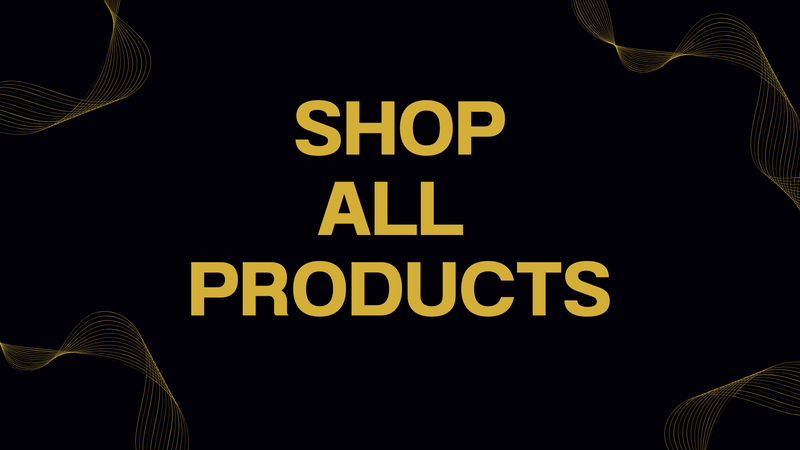 Yellow text 'SHOP ALL PRODUCTS' on a black background with wavy lines.