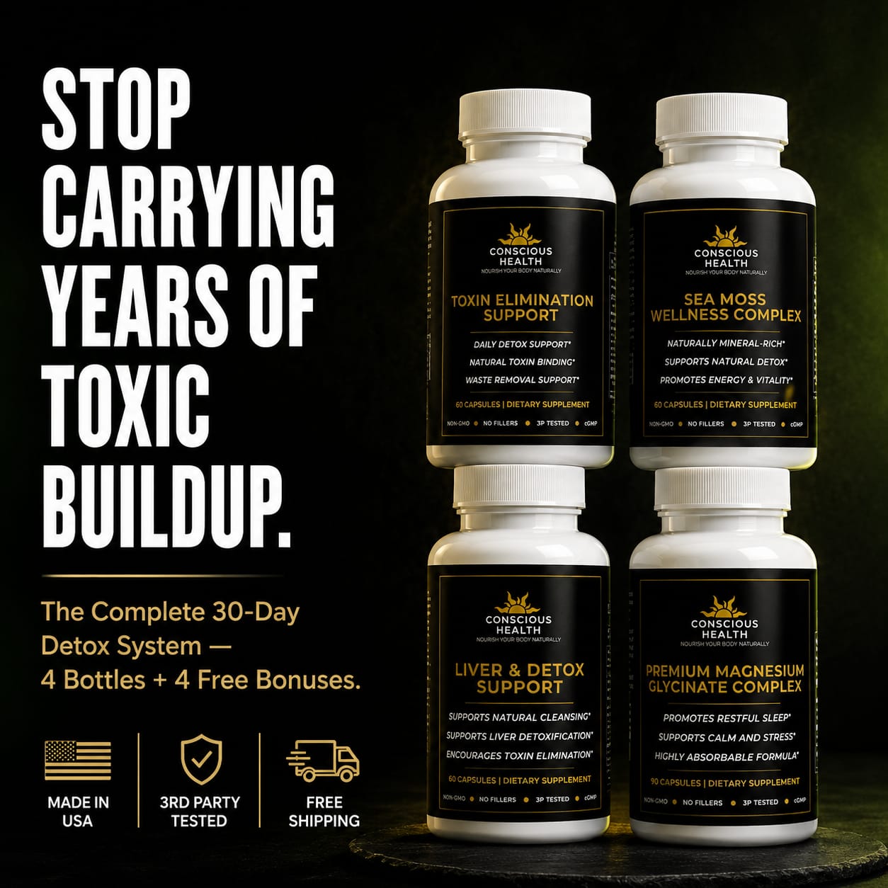 The Conscious Health Total Body Detoxification System™ — (4-Bottle Kit + 3 Expert Guides + Private Health Chat)